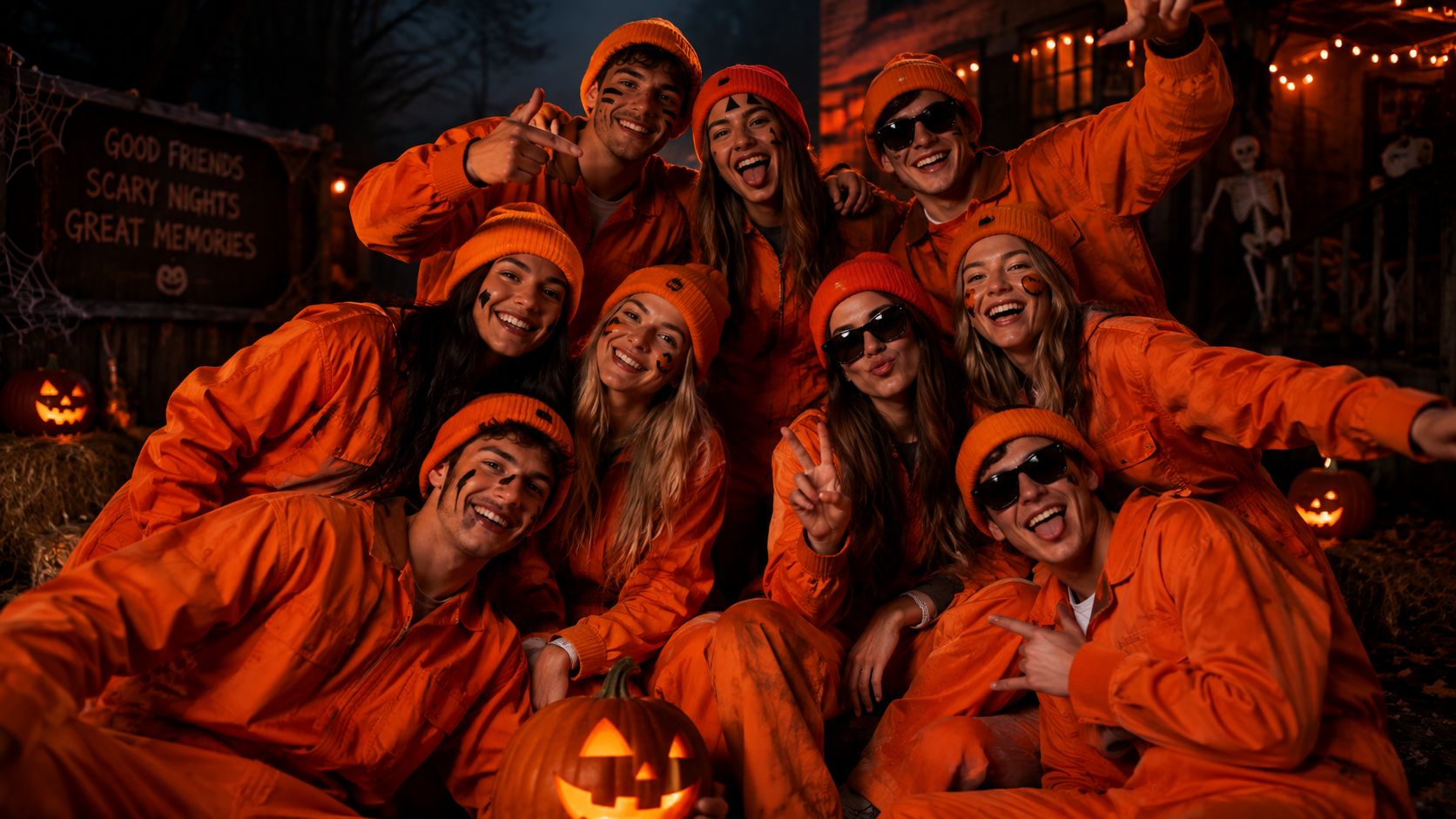 Groep vrienden in oranje overalls
