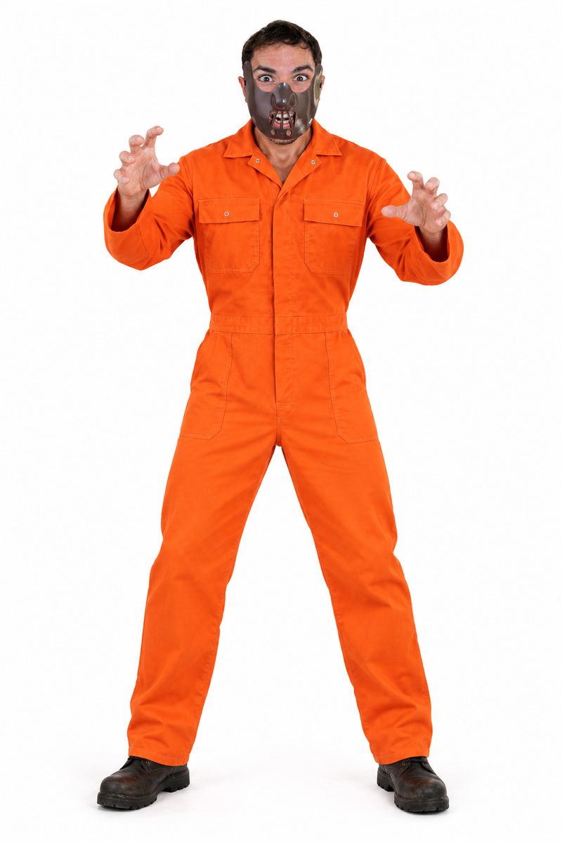 Man in een oranje overall met een Hannibal Lecter-masker