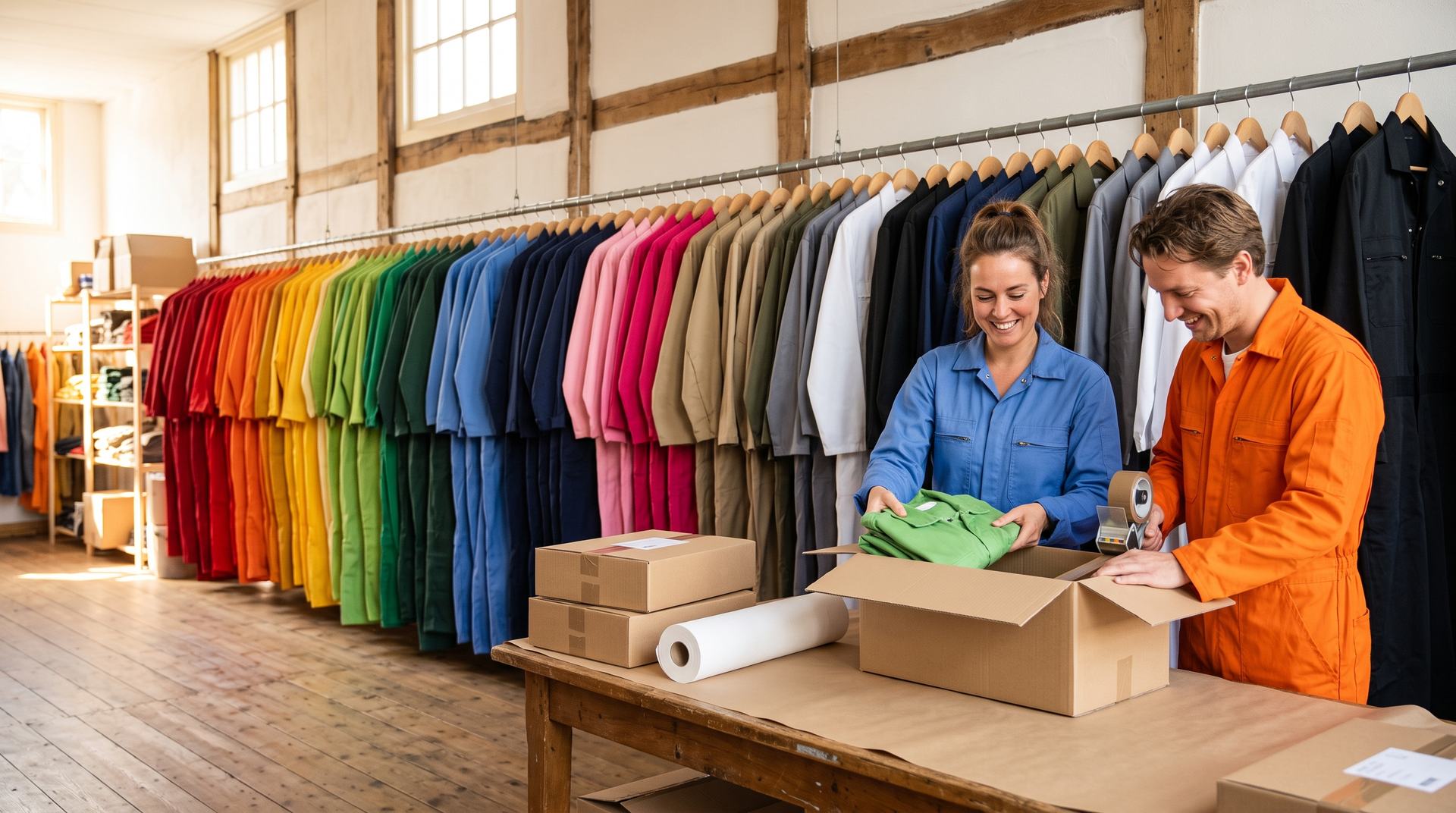 Overalls in alle kleuren aan een rek